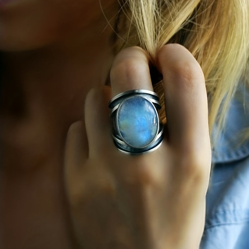 Statement Silver Oval Moonstone Ring