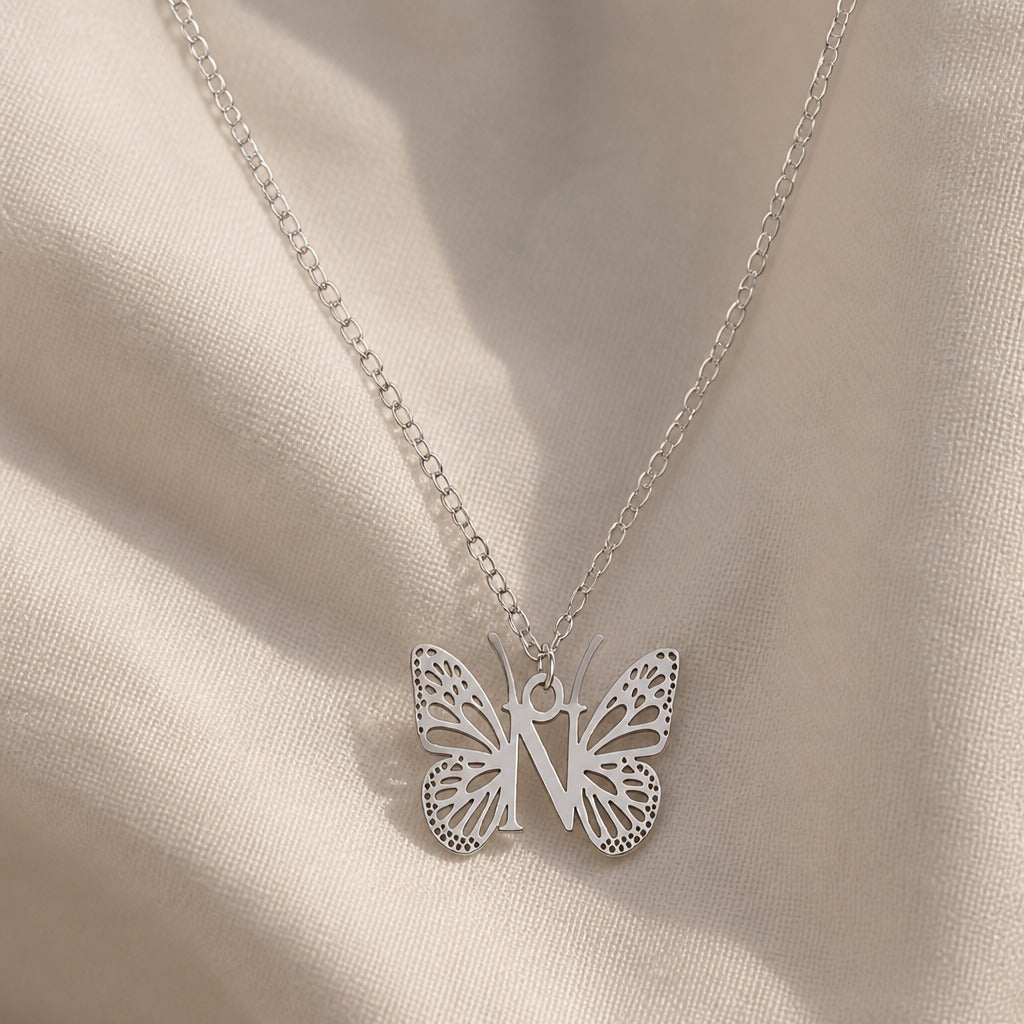 Butterfly Initial Letter Pendant Necklace