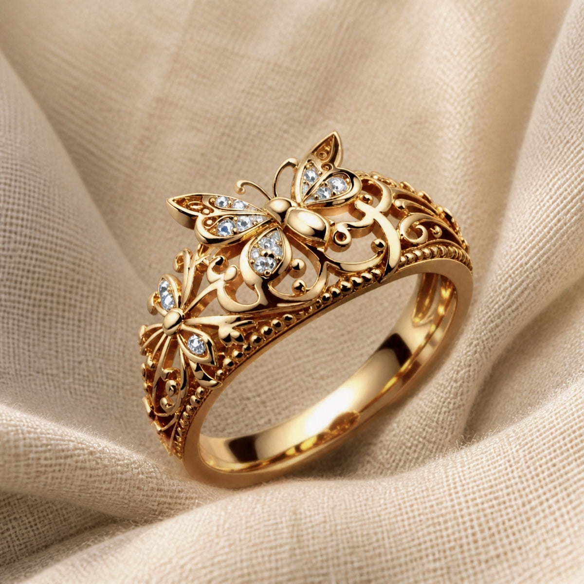 Exotic Gold Floral Butterfly Ring