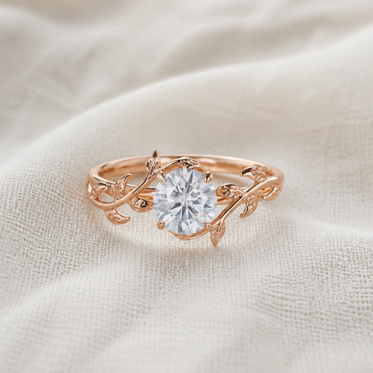 Leaf Vine Solitaire Crystal Ring