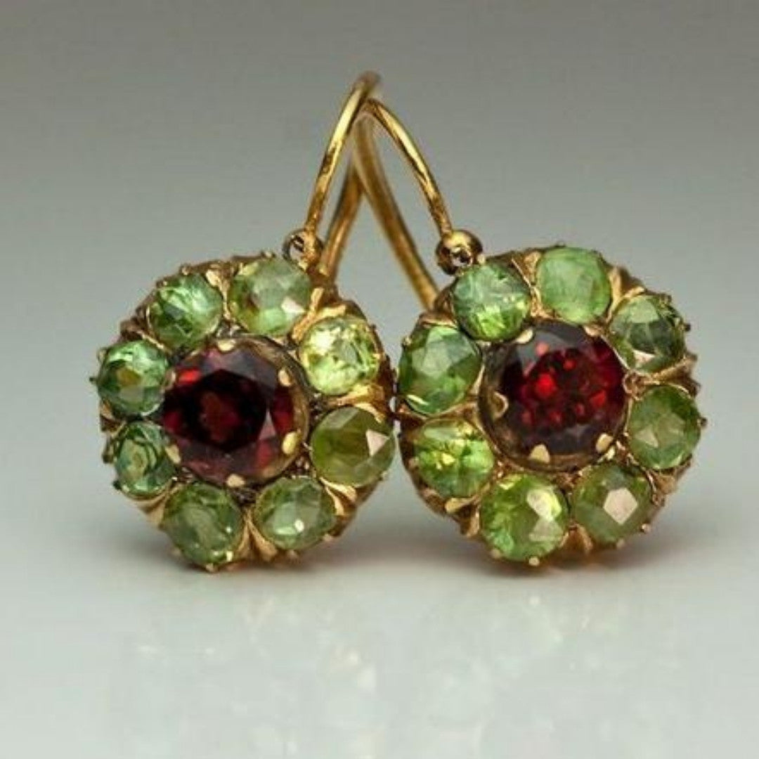 Retro Round Crystal Earrings in Green and Red