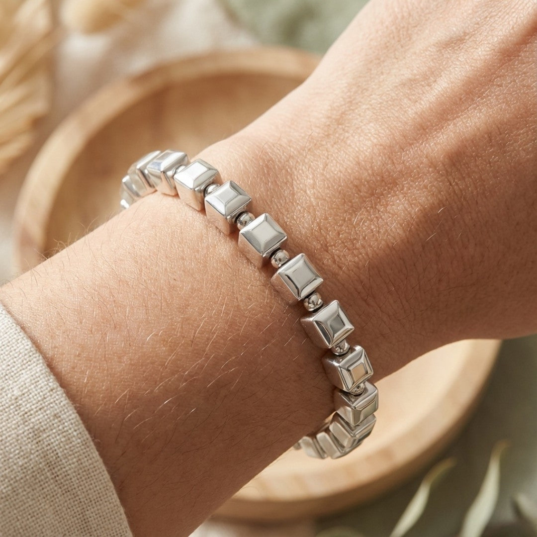 Antique-Style Silver Cubic Bead Bracelet