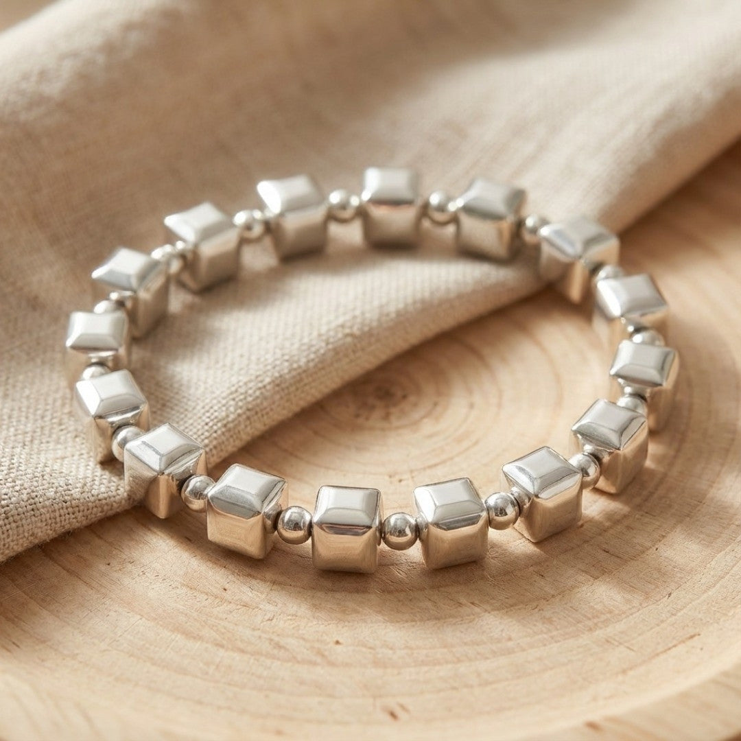 Antique-Style Silver Cubic Bead Bracelet