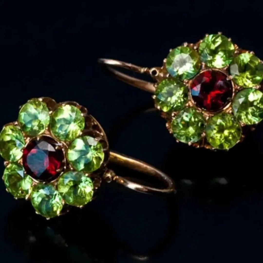 Retro Round Crystal Earrings in Green and Red