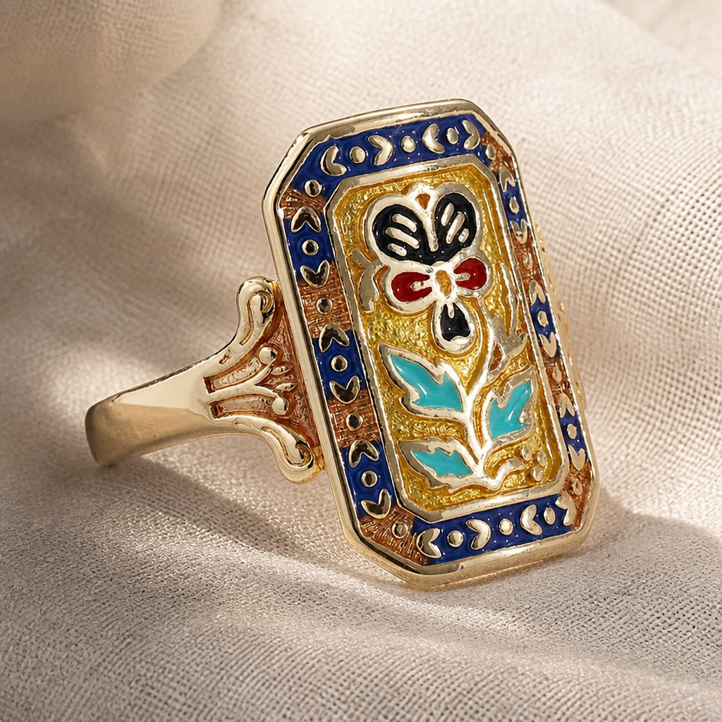 Ornate Enamel Shield Ring