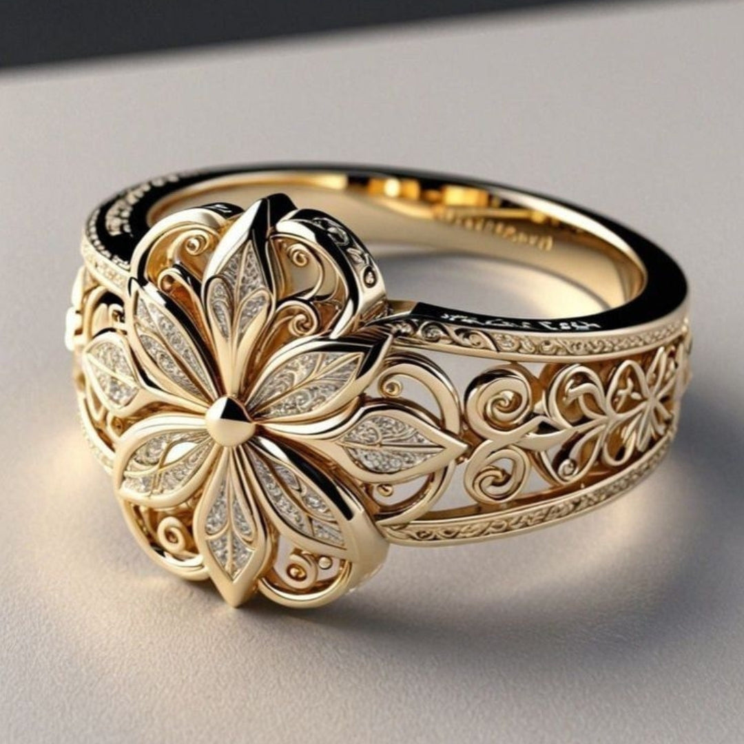 Ornate Floral Zirconia Gold Ring