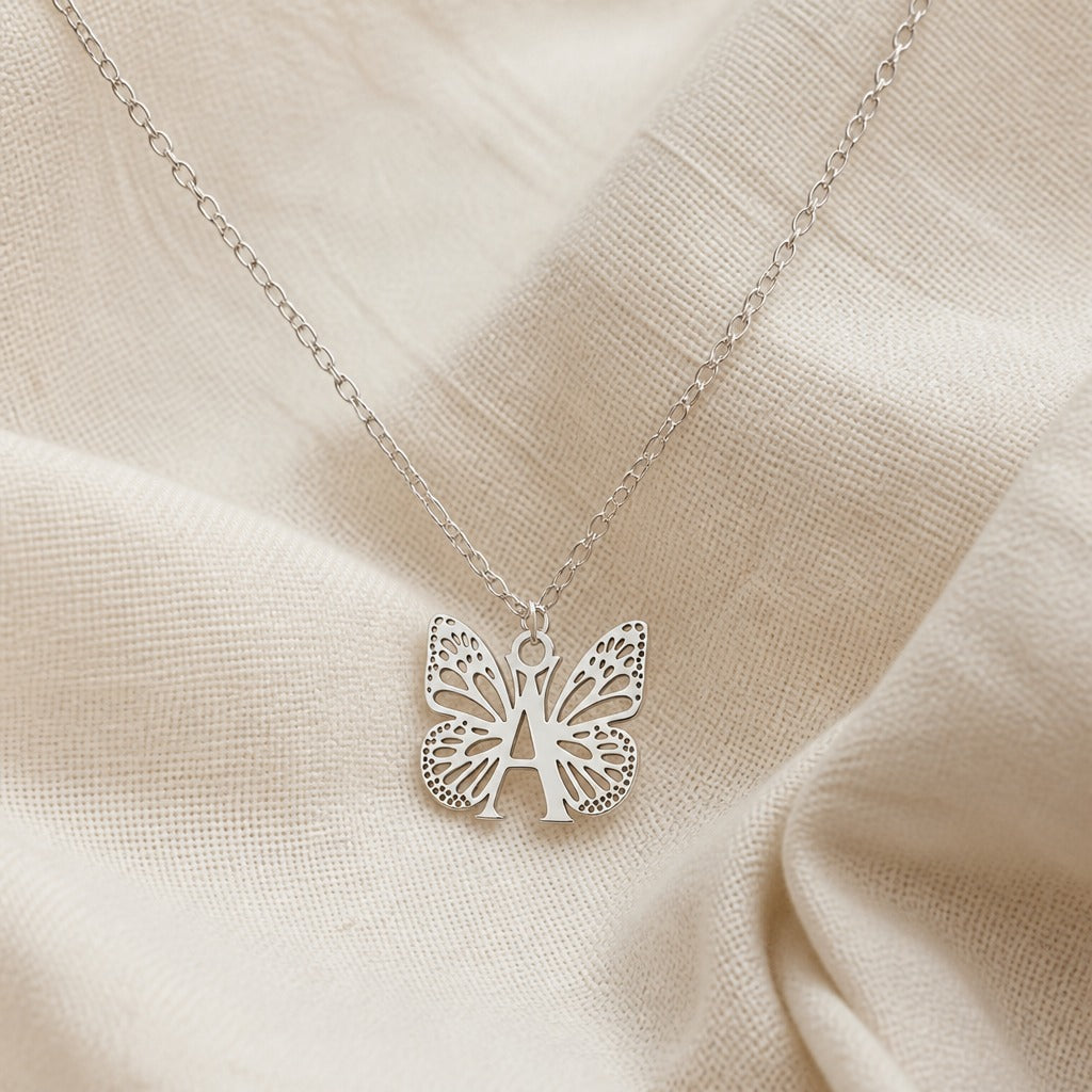Butterfly Initial Letter Pendant Necklace