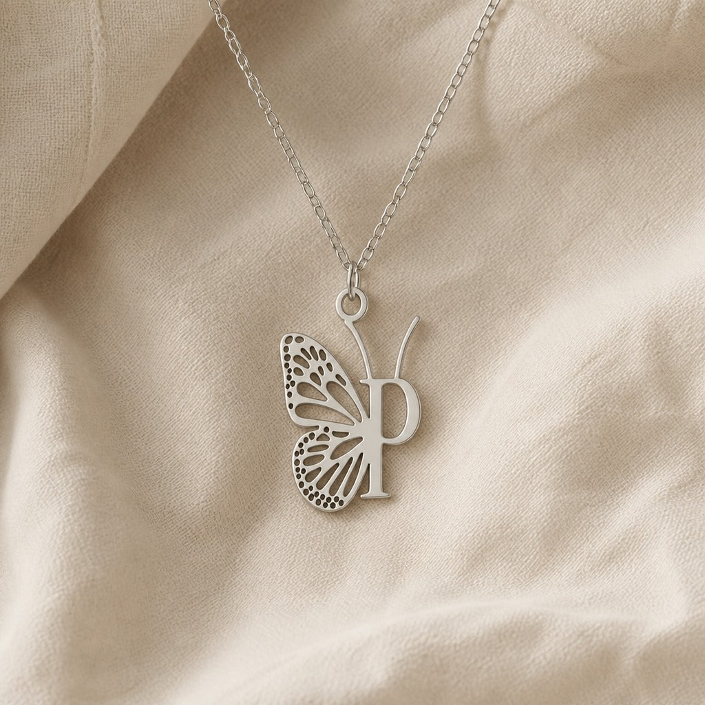Butterfly Initial Letter Pendant Necklace