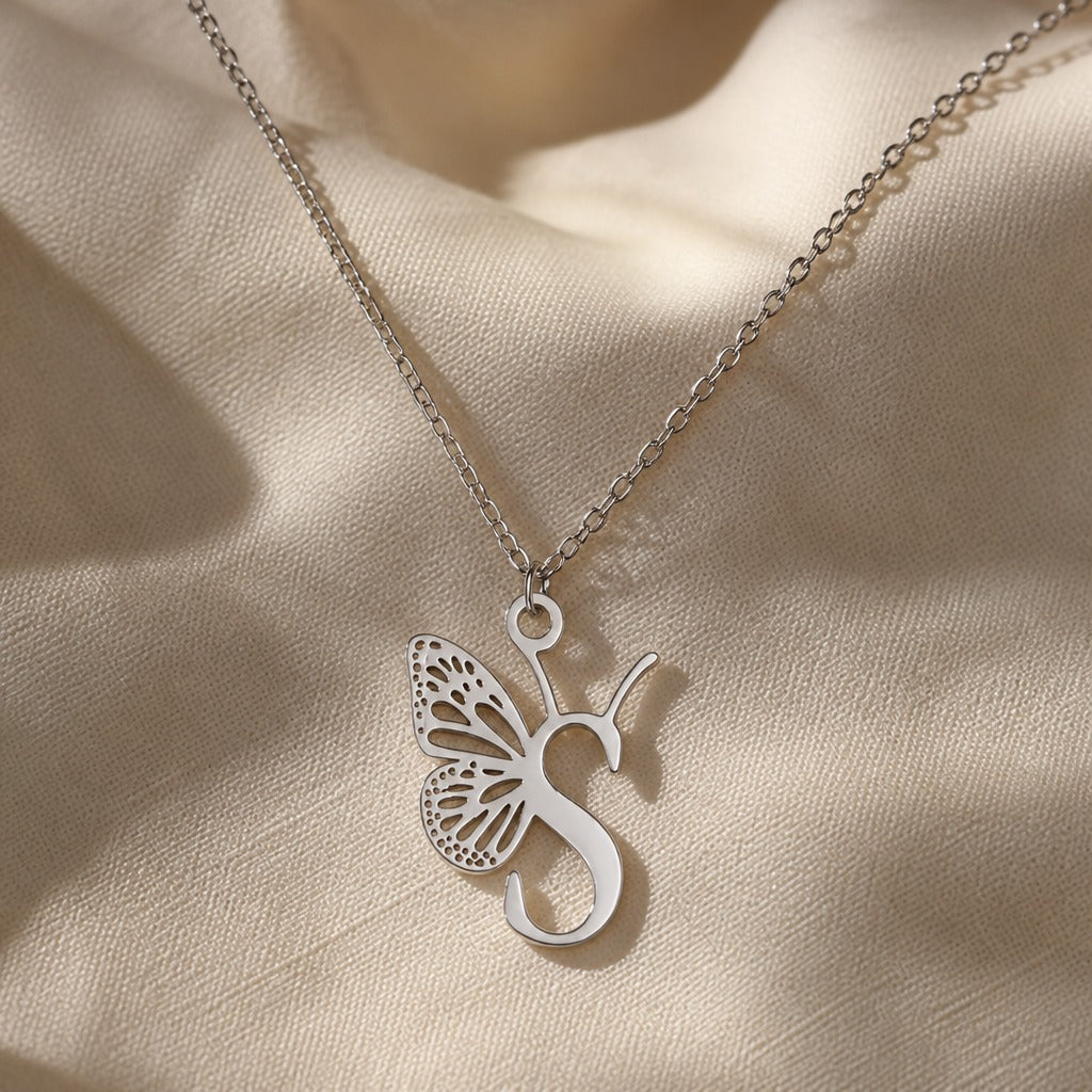 Butterfly Initial Letter Pendant Necklace