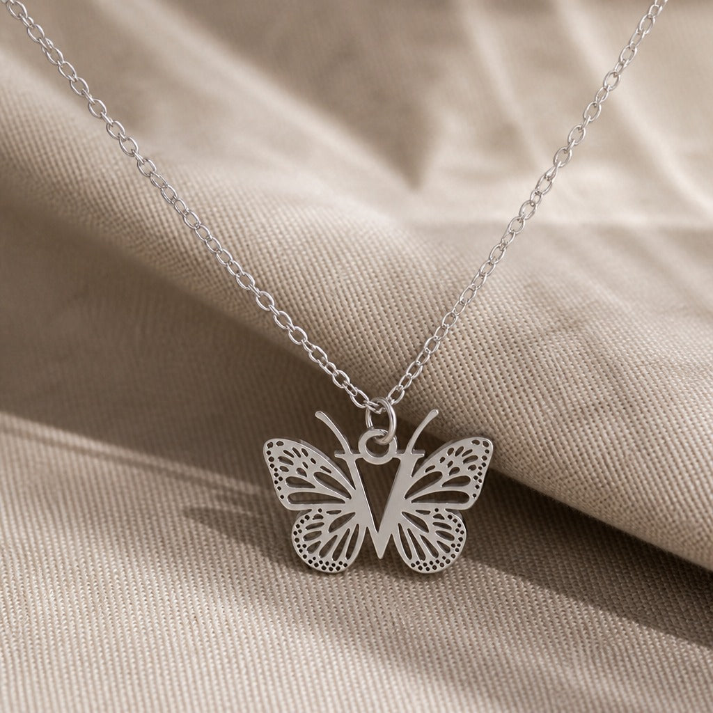 Butterfly Initial Letter Pendant Necklace