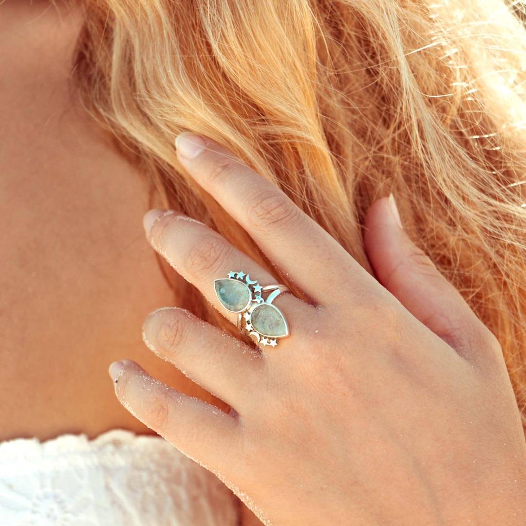Teardrop Aquamarine Stars Moon Ring