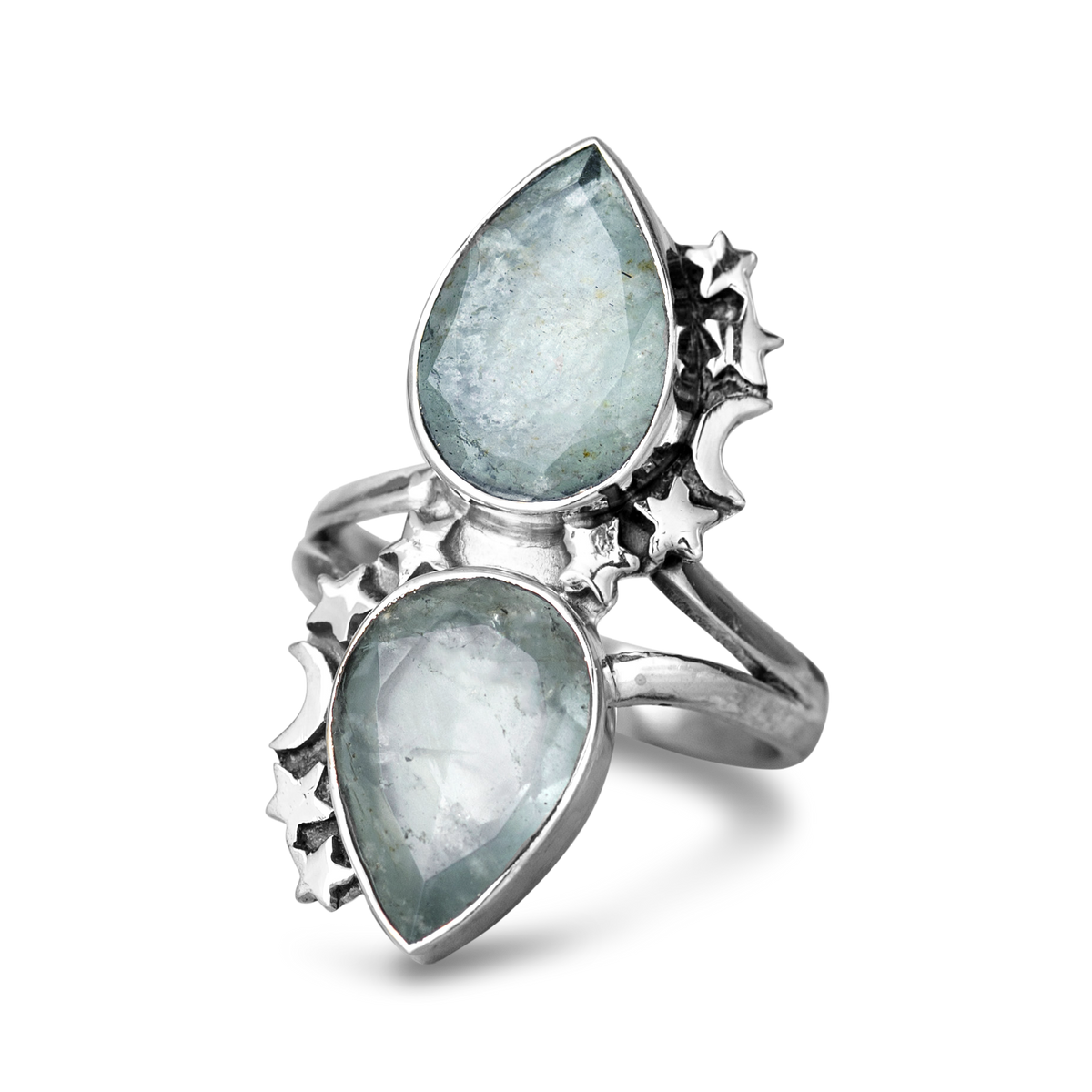 Teardrop Aquamarine Stars Moon Ring