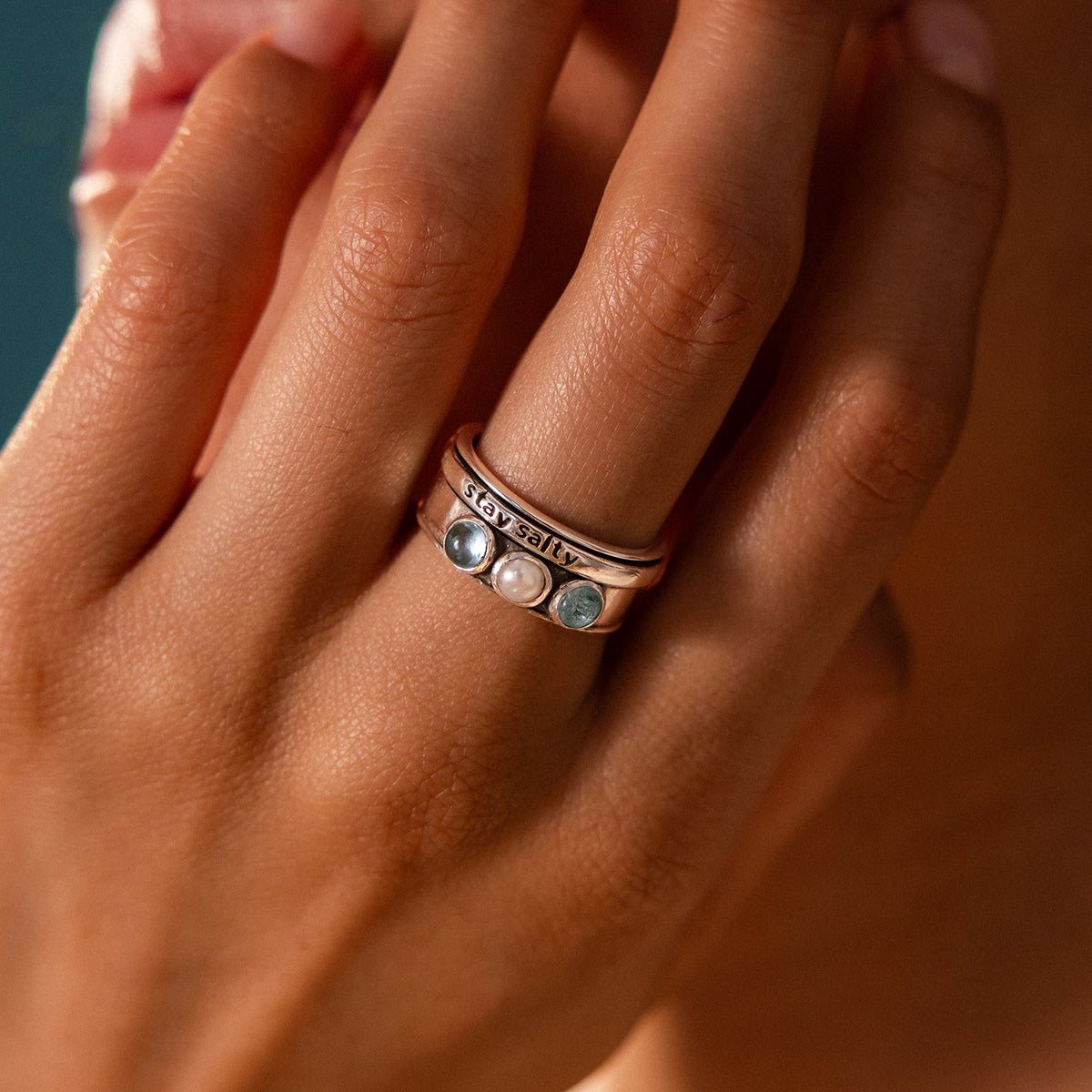 Pearl and Aquamarine Fidget Ring