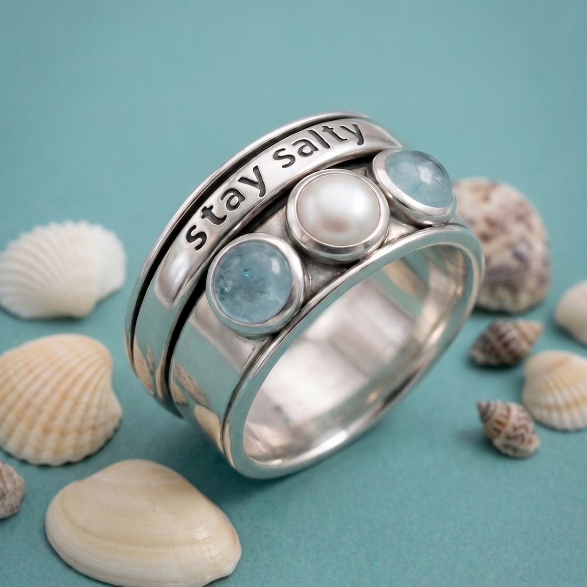 Pearl and Aquamarine Fidget Ring