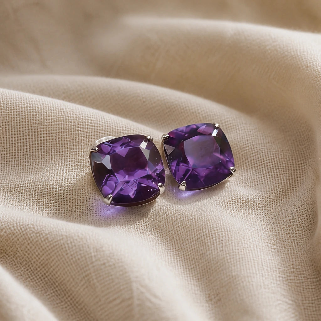 Amethyst Checkerboard Stud Earrings