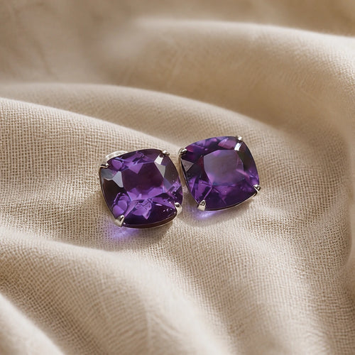 Amethyst Checkerboard Stud Earrings