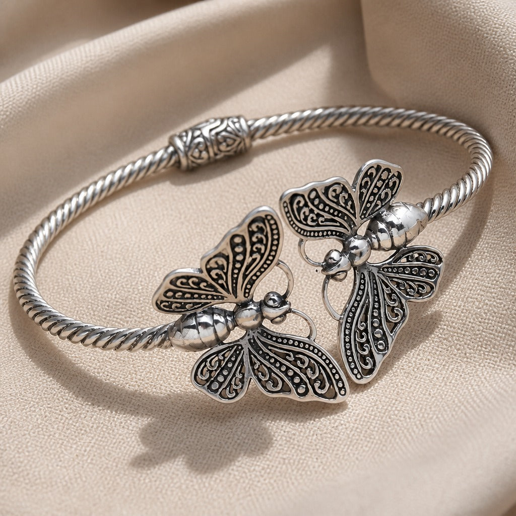Butterfly Charm Silver Cuff Bracelet