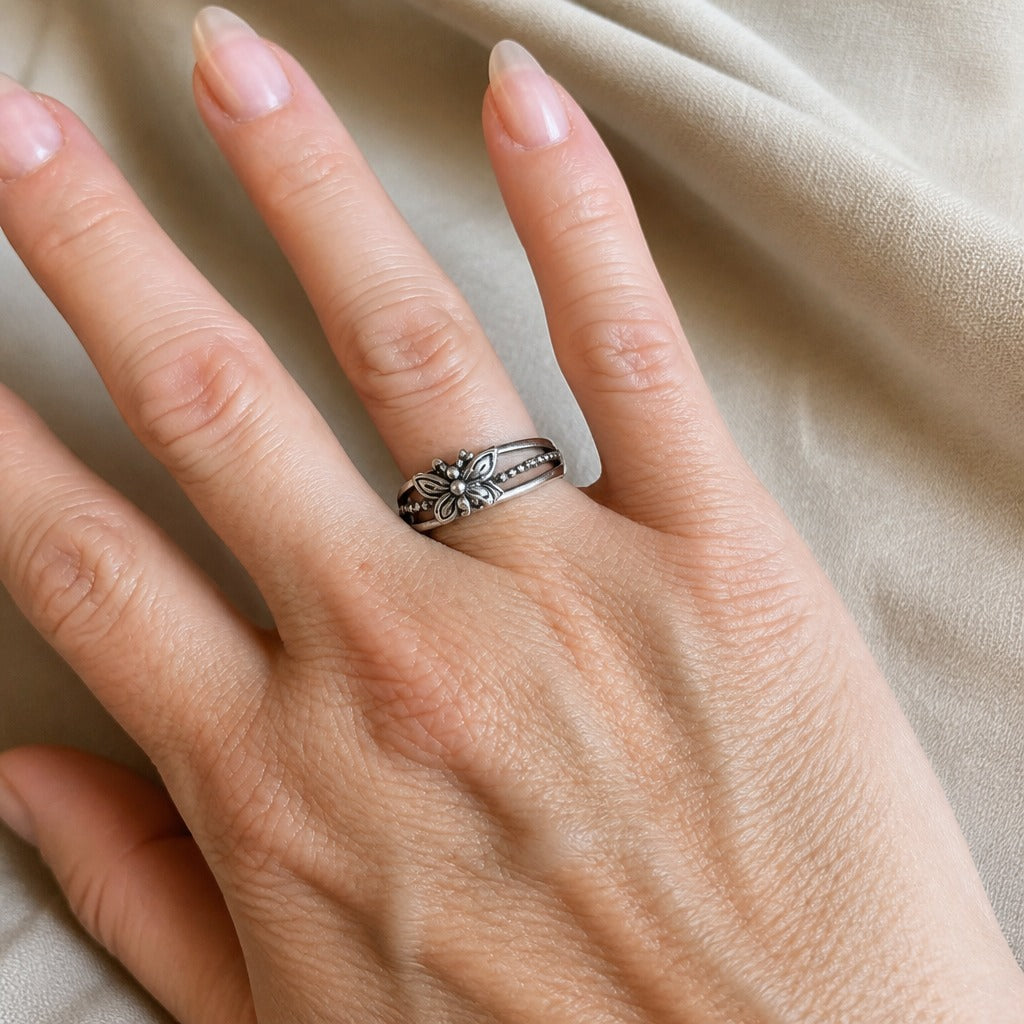 Engraved Butterfly Silver Ring