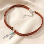 Feather & Bead Pendant Choker Necklace