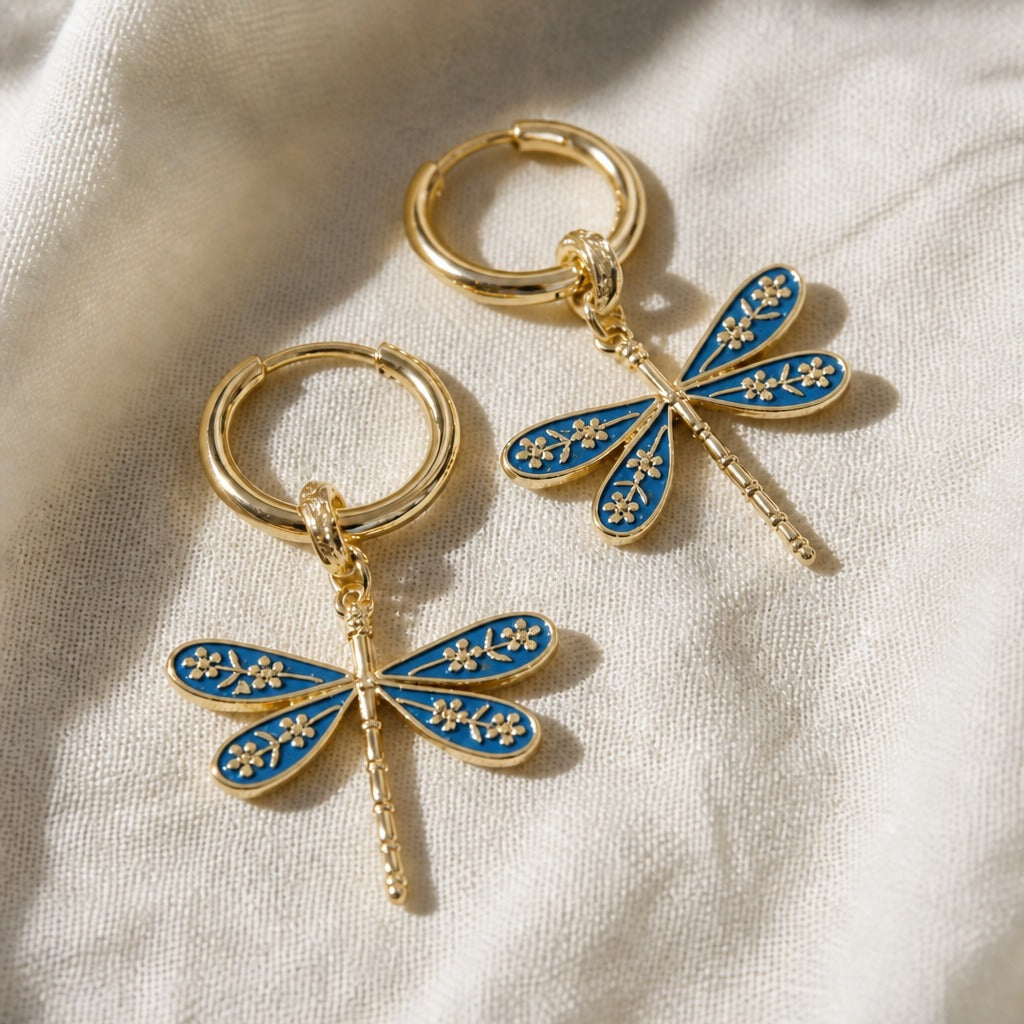 Floral Carved Dragonfly Shaped Earrings