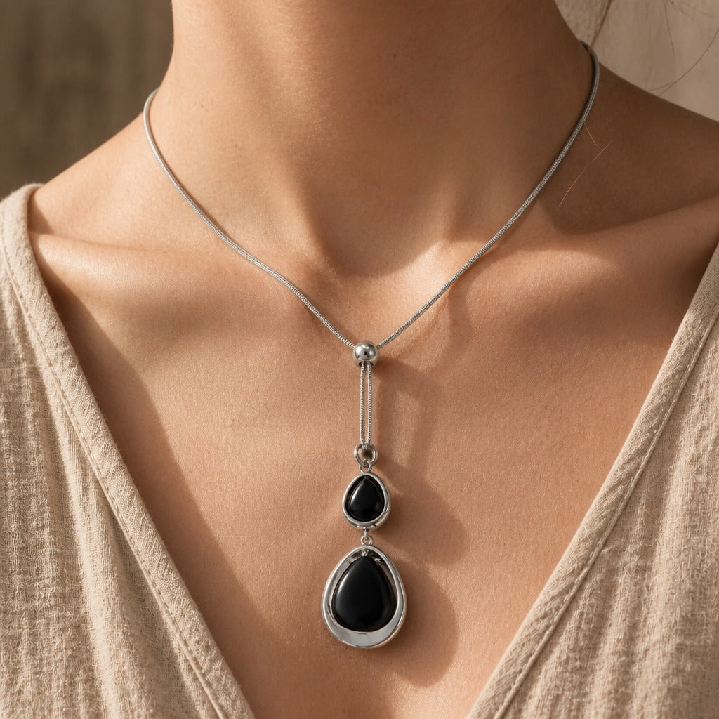 Geometric Stone Pendant Silver Necklace