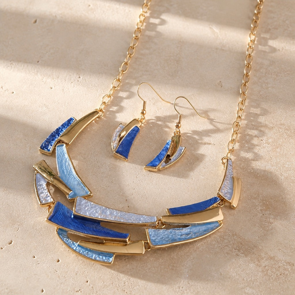 Geometric Link Necklace & Earrings Set Blue