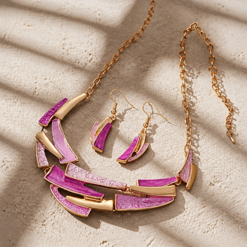 Geometric Link Necklace & Earrings Set Purple