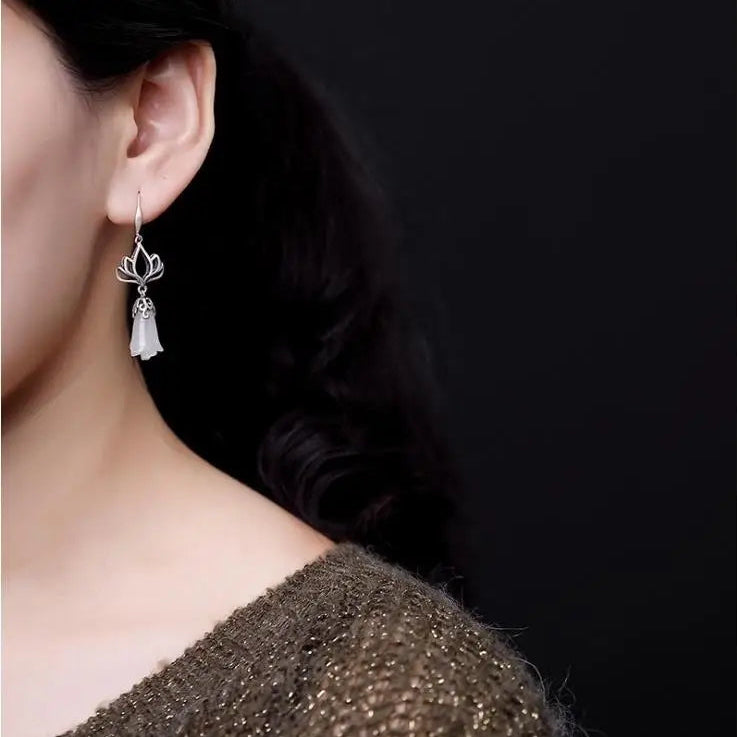 White Jade Magnolia Flower Earrings