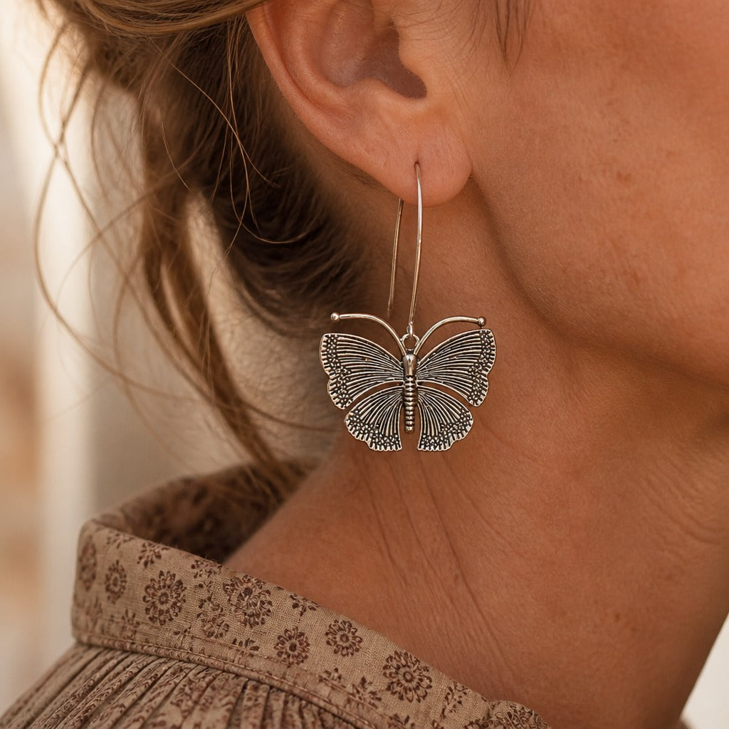 Handcrafted Carved Butterfly Hoop Earrings