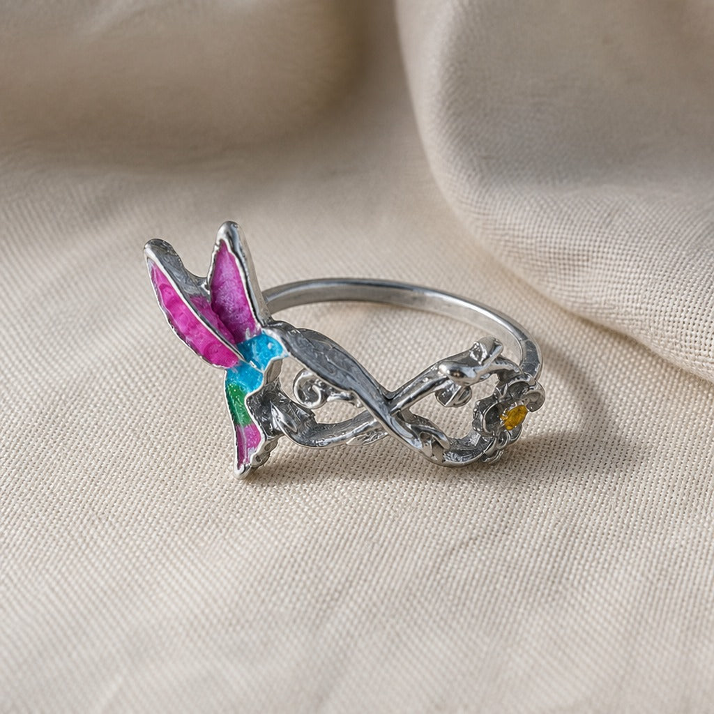 Hummingbird Floral Eternity Silver Ring