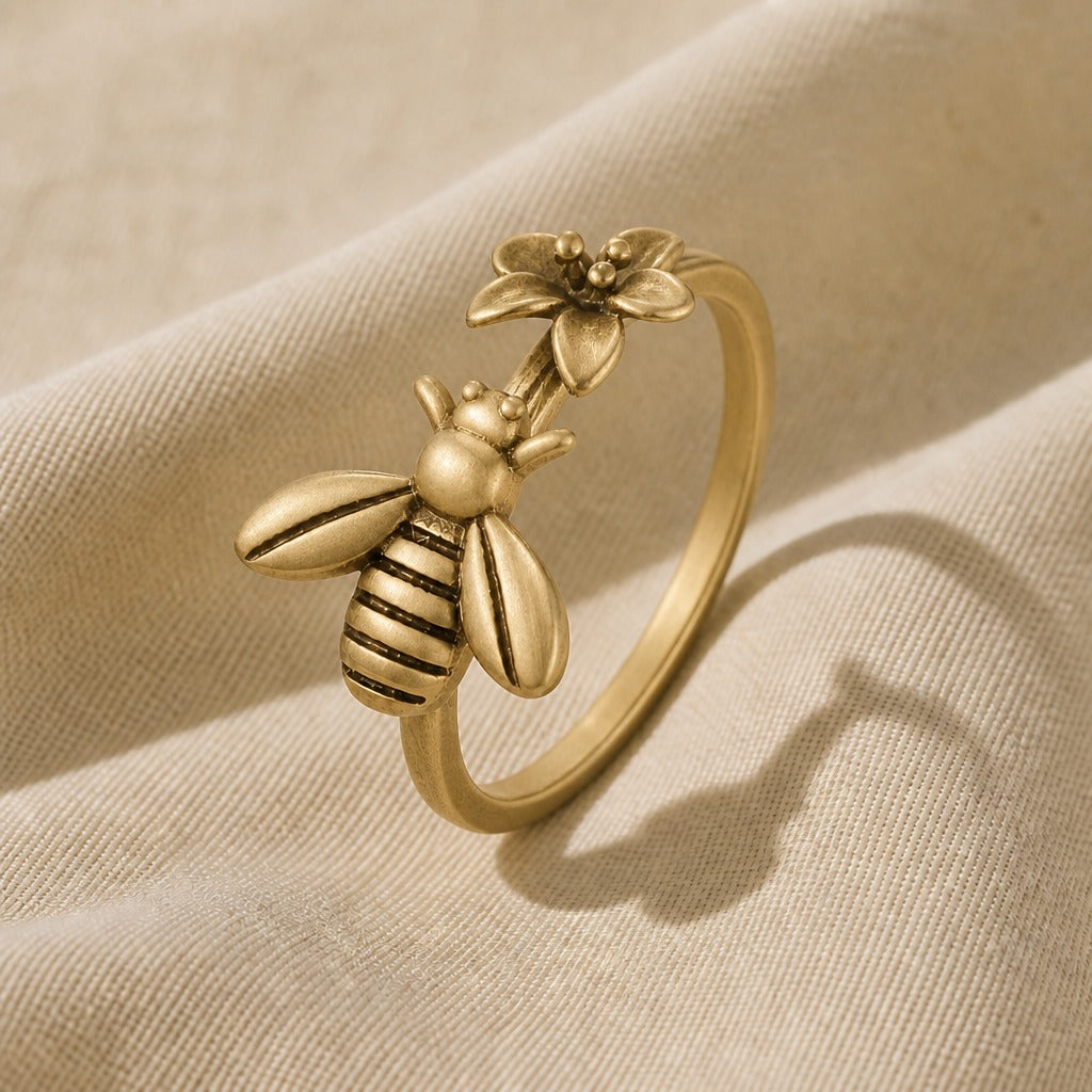 Minimalist Bee & Flower Ring