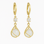 Gold Wire Wrapped White Opal Drop Earrings
