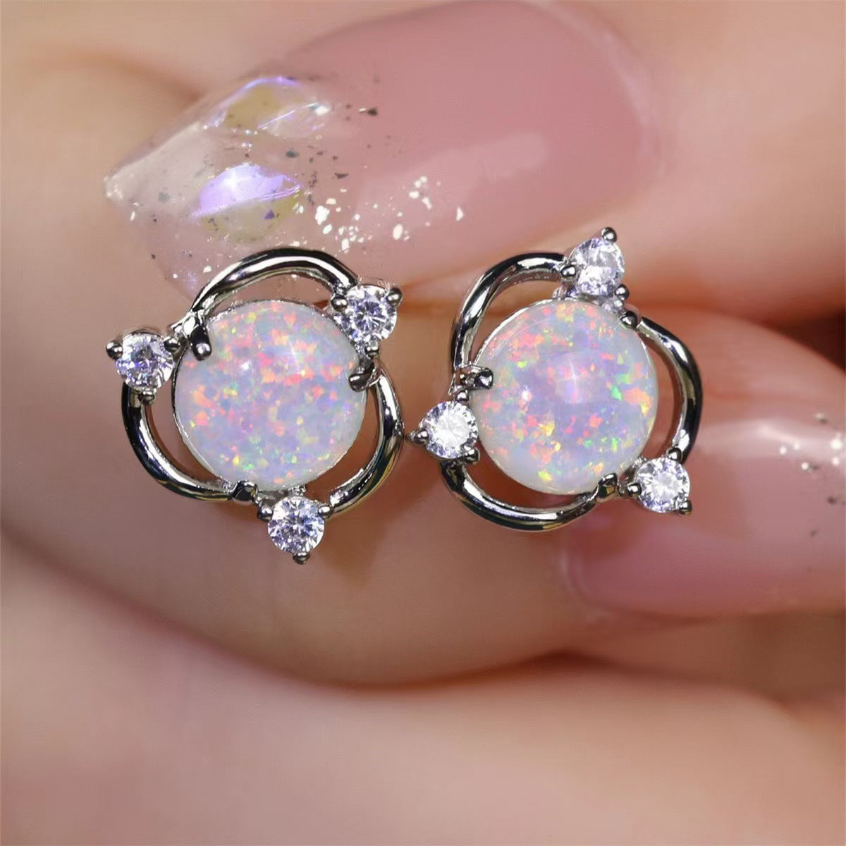 White Gold Opal Studs