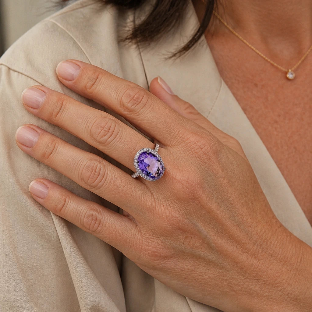 Oval Amethyst Zirconia Silver Ring
