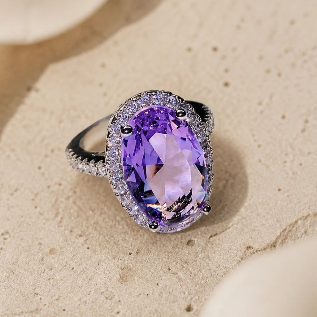 Oval Amethyst Zirconia Silver Ring