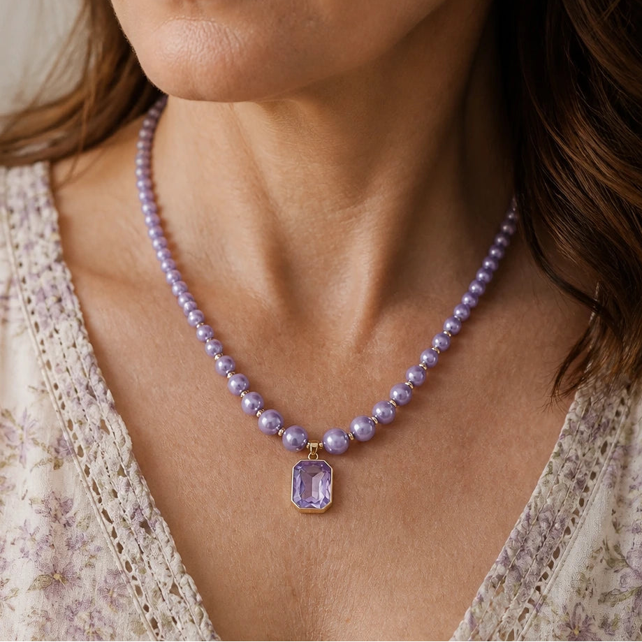 Pearl Chain Amethyst Pendant Necklace