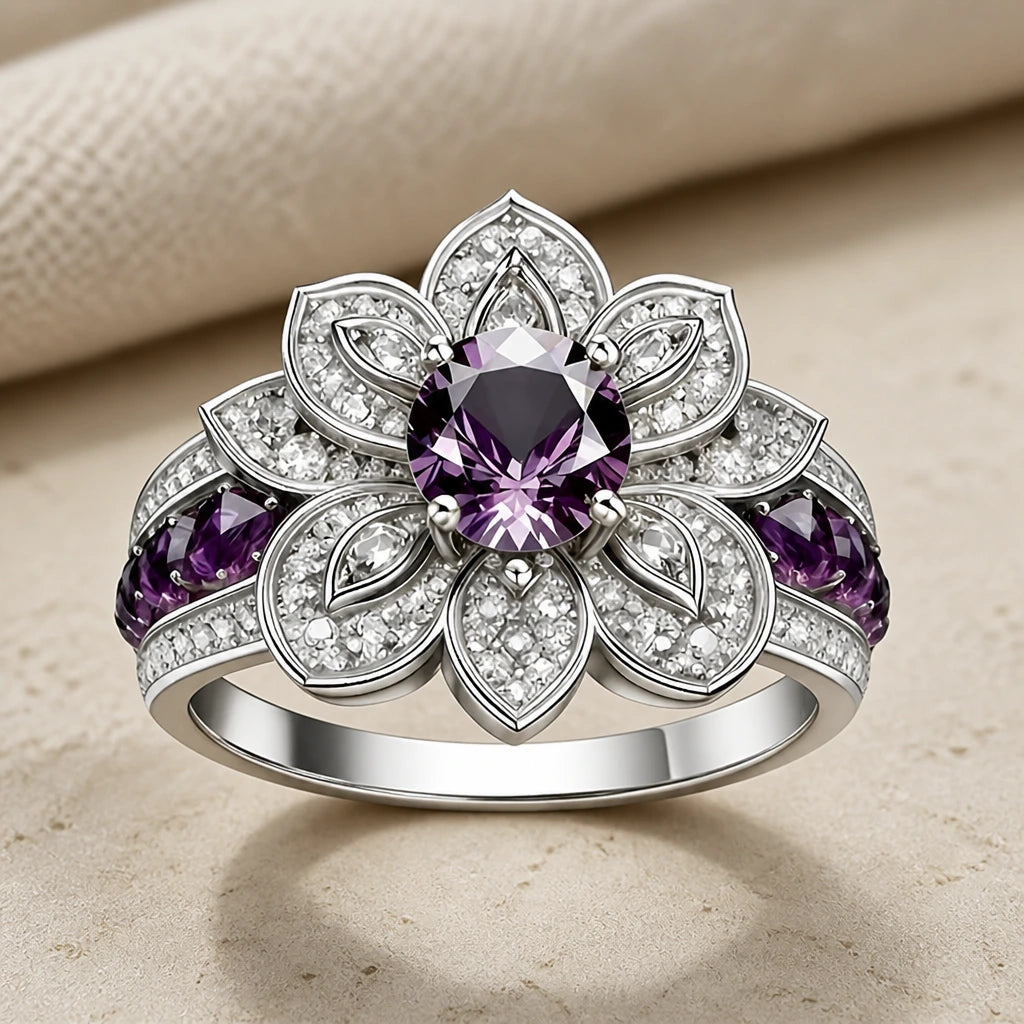 Purple Lotus Silver Ring