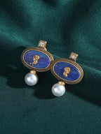Antique Lapis Lazuli Cameo Necklace Earrings Set