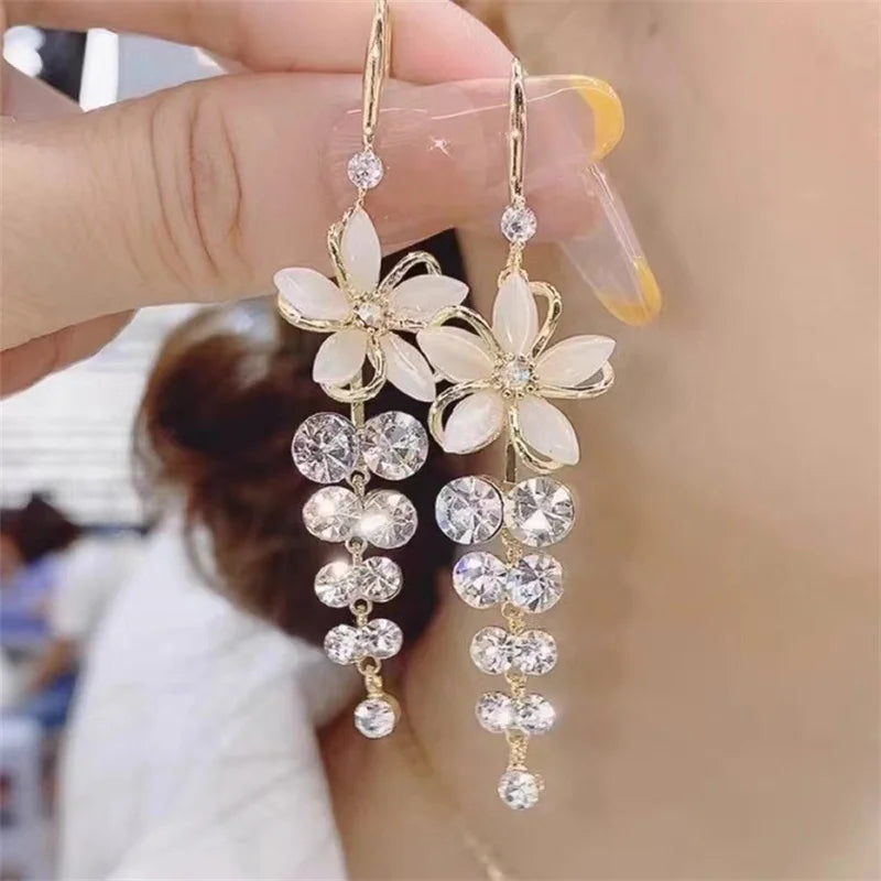 Floral Crystal Tassel Drop Earrings