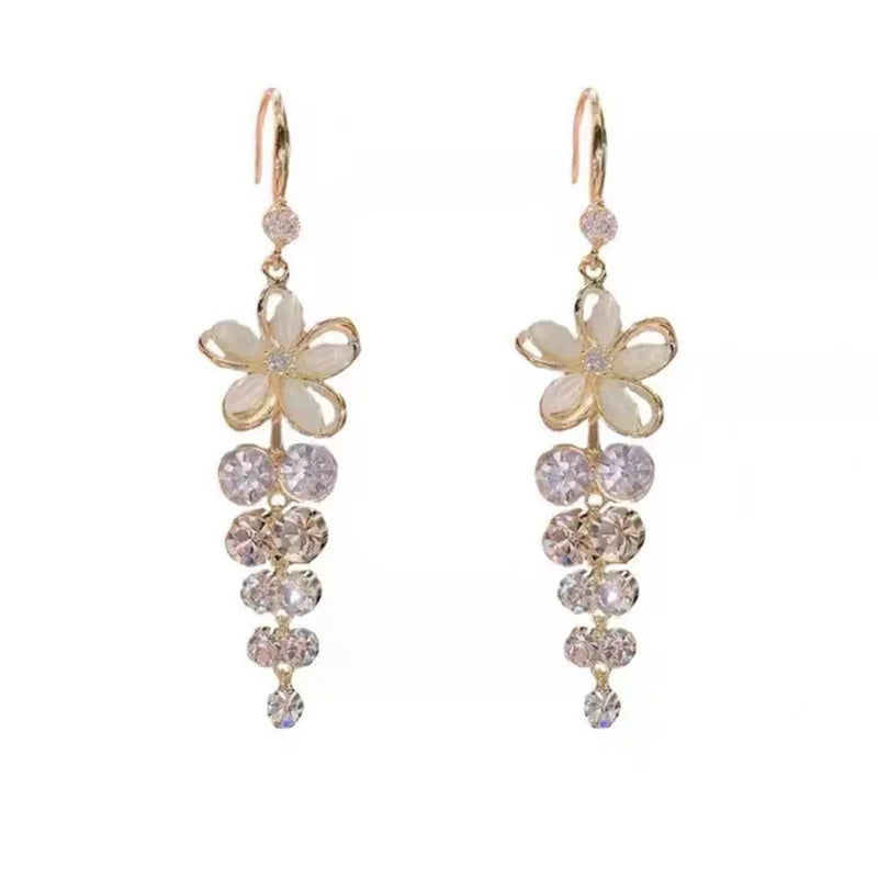 Floral Crystal Tassel Drop Earrings