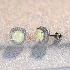 Elegant Silver Round White Fire Opal Stud Earrings