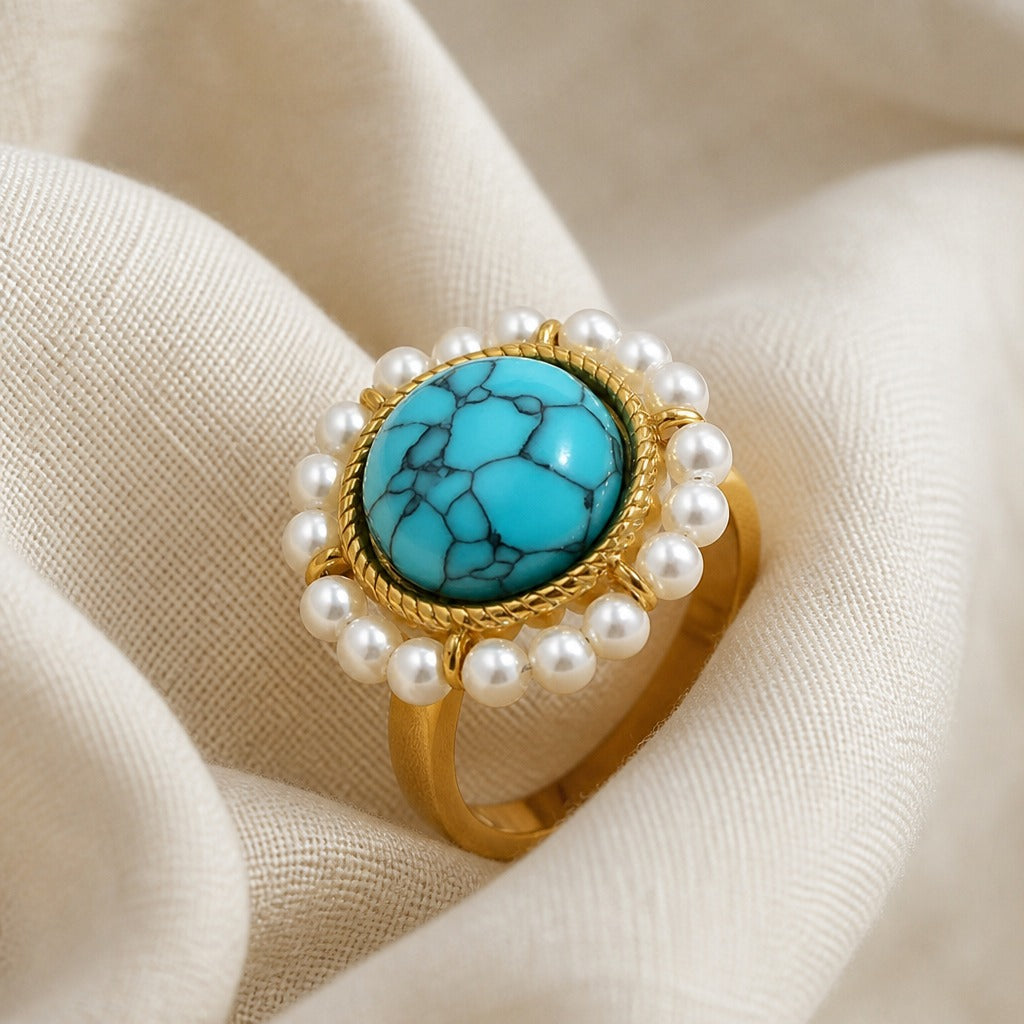 Turquoise Pearl Floral Ring