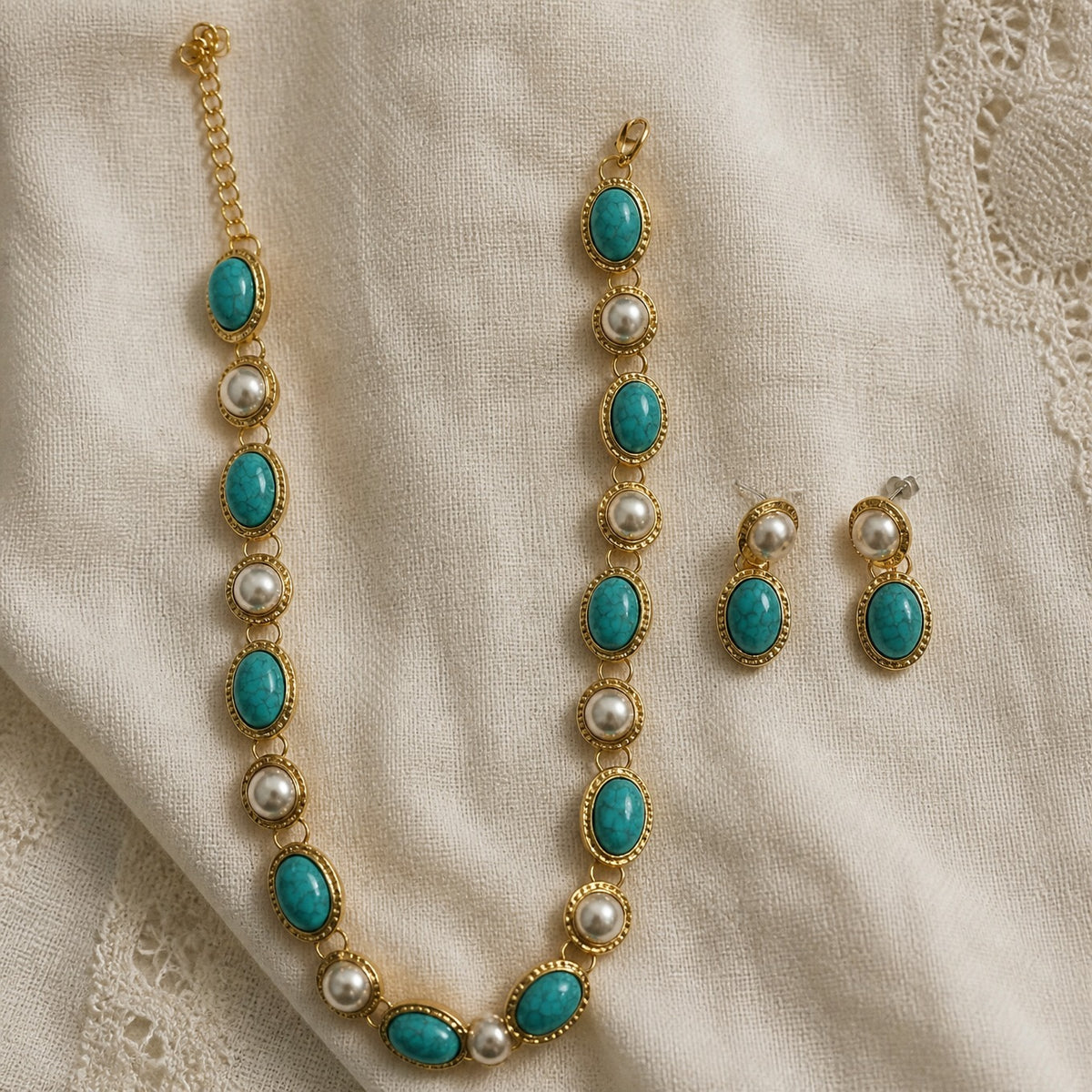 Turquoise & Pearl Antique Gold Statement Set