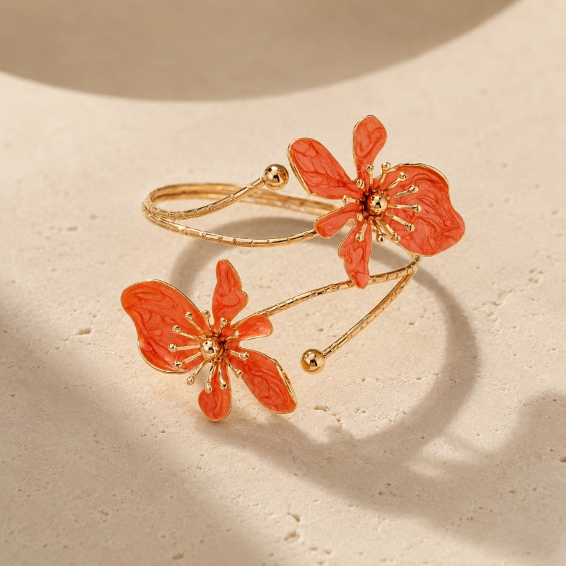 Lustrous Enamel Flower Gold Bangle