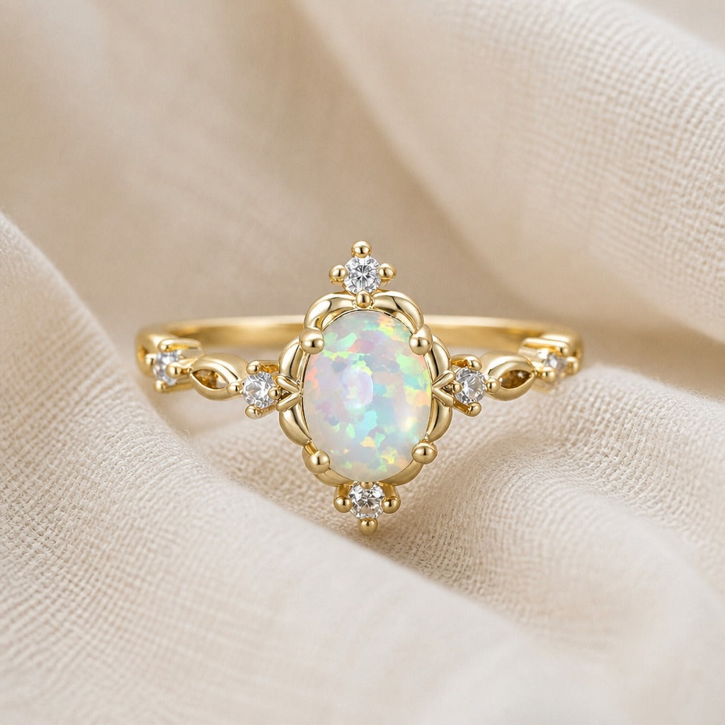 White Fire Opal Oval Stone Flower Ring