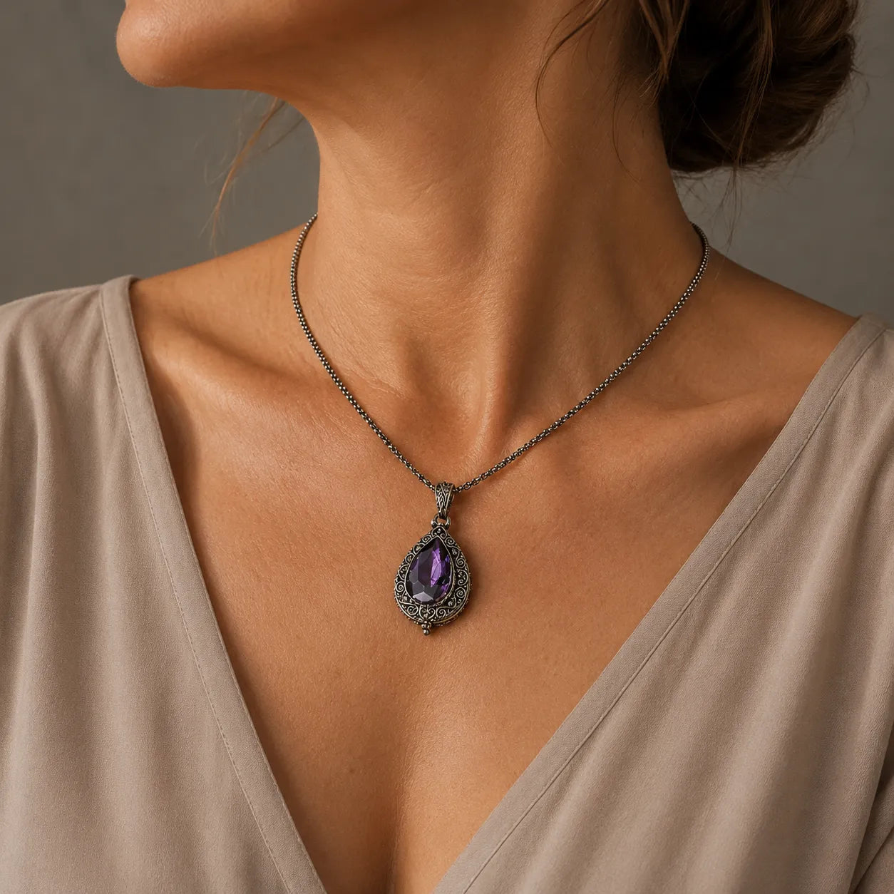 Teardrop Amethyst Pendant Necklace