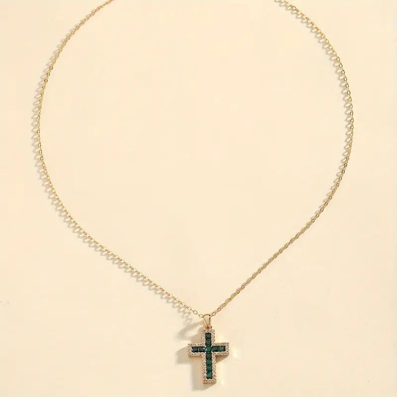 Solene Emerald Cross Gold Pendant Necklace