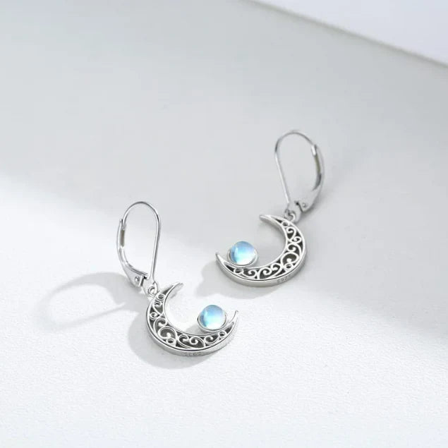 Celestial Silver Moonstone Crescent Earrings