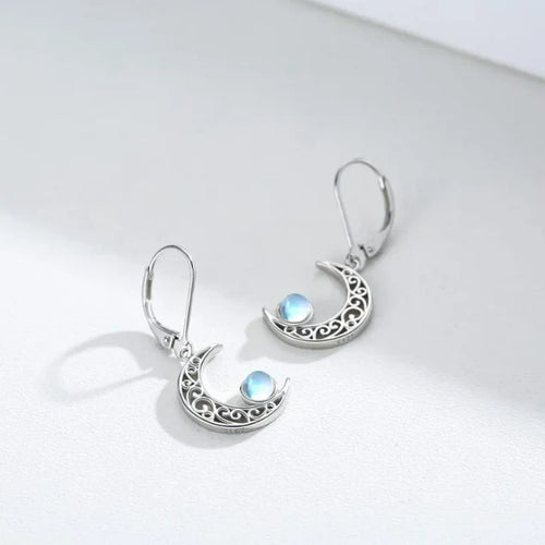 Celestial Silver Moonstone Crescent Earrings