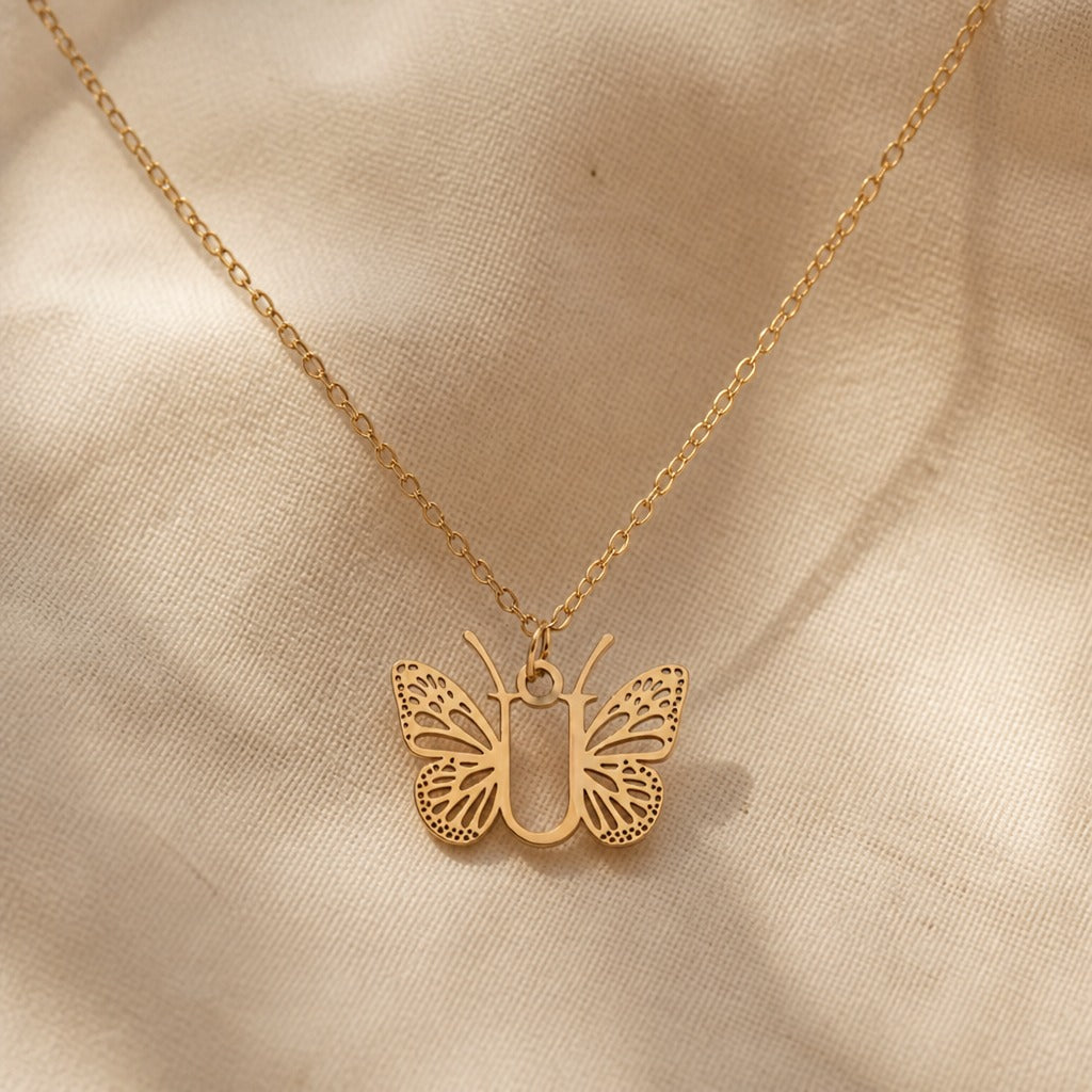 Butterfly Initial Letter Pendant Necklace
